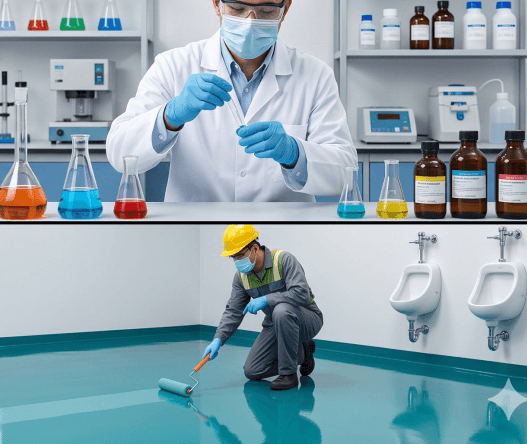 Seamless epoxy floor coating being applied across an industrial floor