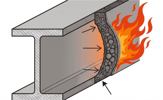Diagram of an intumescent coating expanding to insulate a structural steel beam