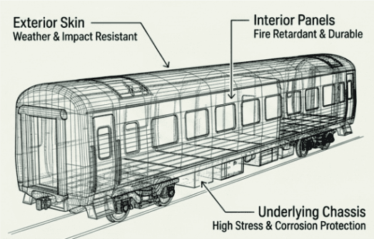 Railway coach interior and exterior finished with a specialist coating system