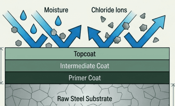 Diagram of a primer-to-topcoat anti-corrosion coating system on structural steel